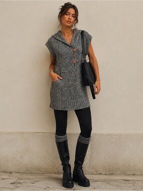 ABS Allen B Hooded Sweater Tunic Gray Wool Blend Button Front Pockets M, Cozy